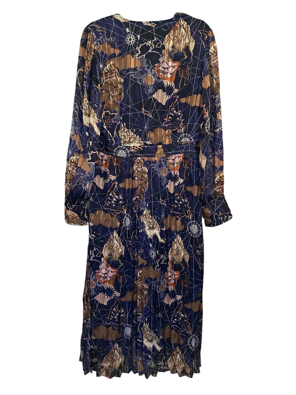 Scotch & Soda Size XL Navy Blue Map Print Pleated Midi Dress Long Sleeve EUC - Picture 2 of 13